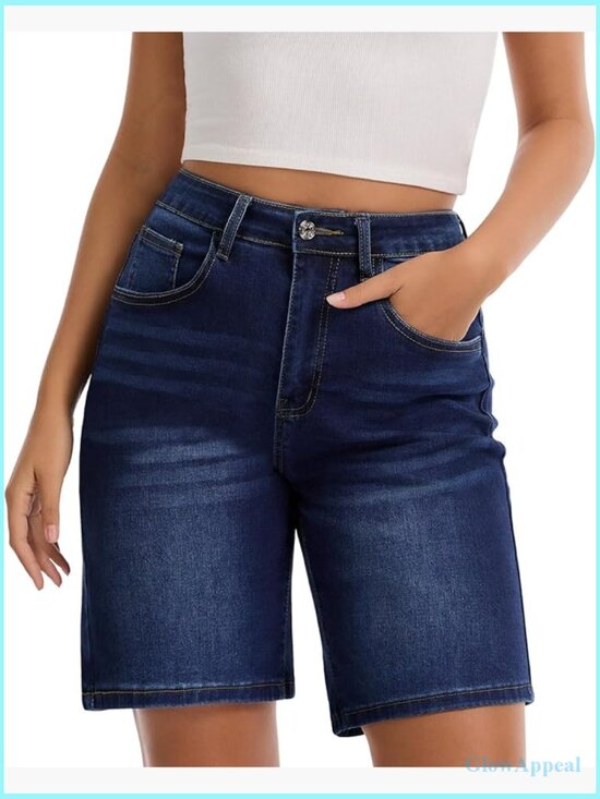 Pants - High Waisted Denim Bermuda Shorts Stretchy Wide Leg Summer Jorts